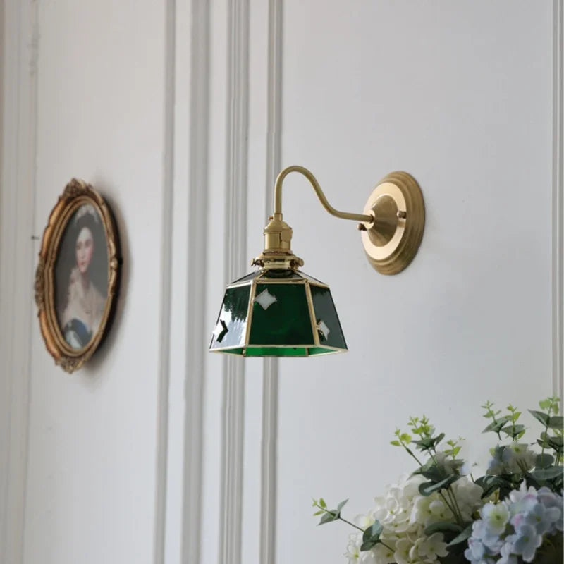 Green Glass LED Wall Sconce Copper Knob Switch Vintage Loft Stair Light