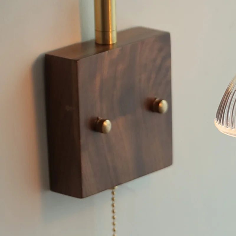 Afralia™ Glass Pink LED Wall Sconce, Pull Chain Switch, Walnut Wood Bedside Lamp