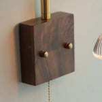 Afralia™ Glass Pink LED Wall Sconce, Pull Chain Switch, Walnut Wood Bedside Lamp