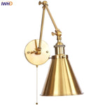 Vintage Iron Gold LED Wall Lamp with Long Arm and Pull Chain Switch