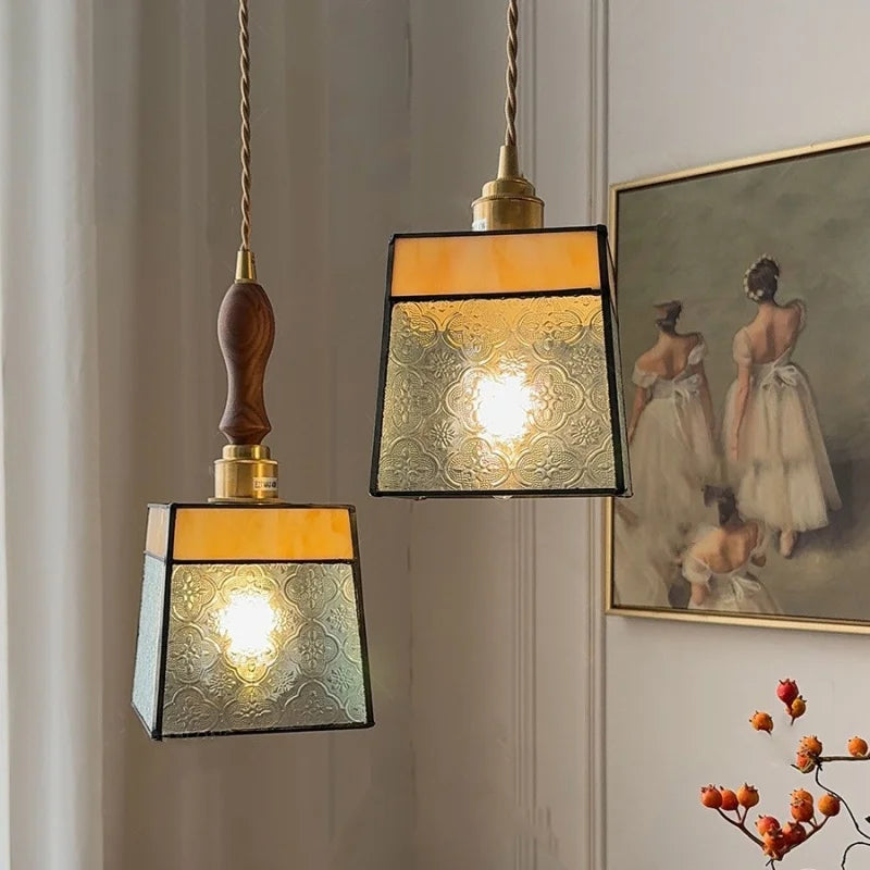 Vintage Flower LED Glass Pendant Light Fixture with Walnut Wood - Japan Style