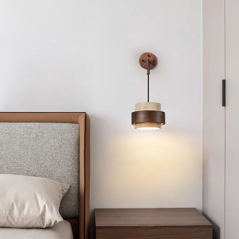 Yellow Travertine LED Wall Lamp Pull Chain Switch Stone Wood Modern Light