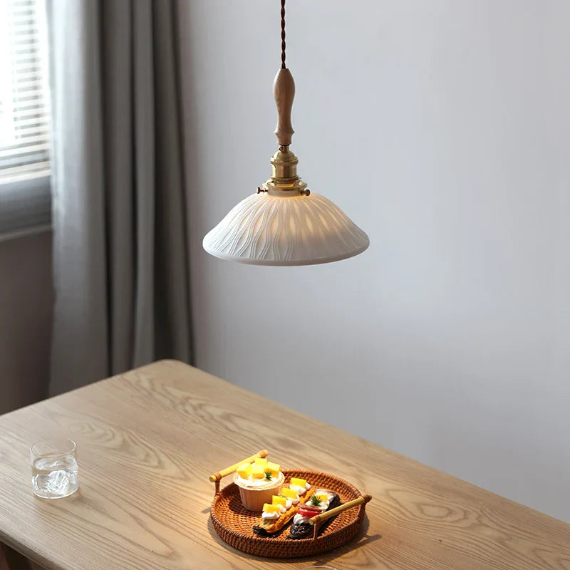 Adjustable LED Pendant Lights Ash Wood White Ceramic Modern Hanging Lamp