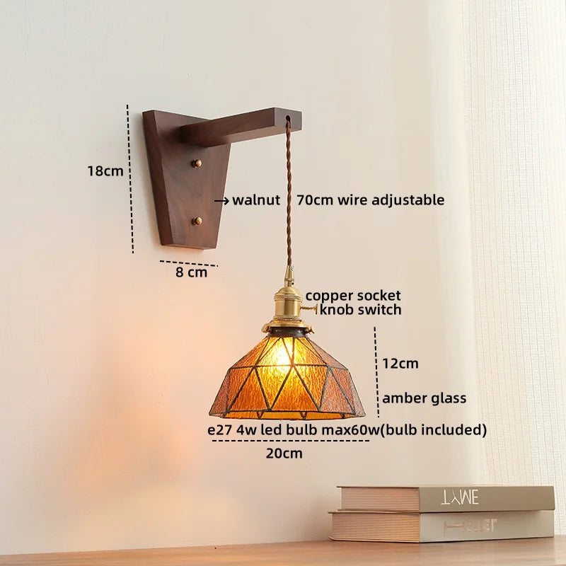 Walnut Glass LED Wall Light Fixture | Modern Bedroom Bathroom Living Room Lamp