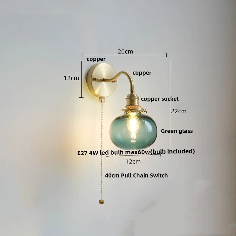 Green Class Ball LED Wall Light Fixture, Copper Socket, Pull Chain Switch