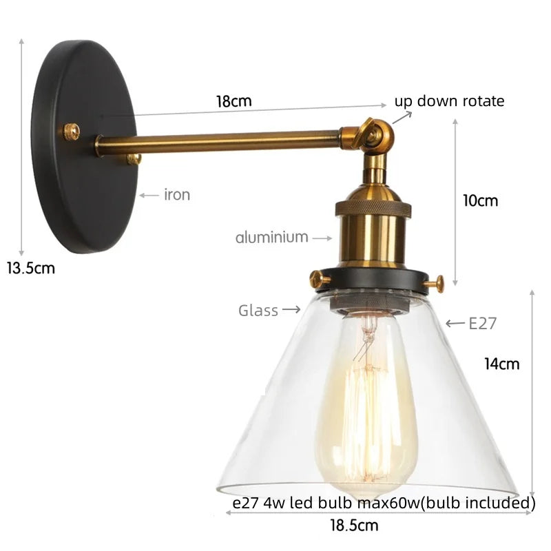 Clear Glass Iron LED Wall Lamp Stair Light Fixtures Rustic Industrial Vintage