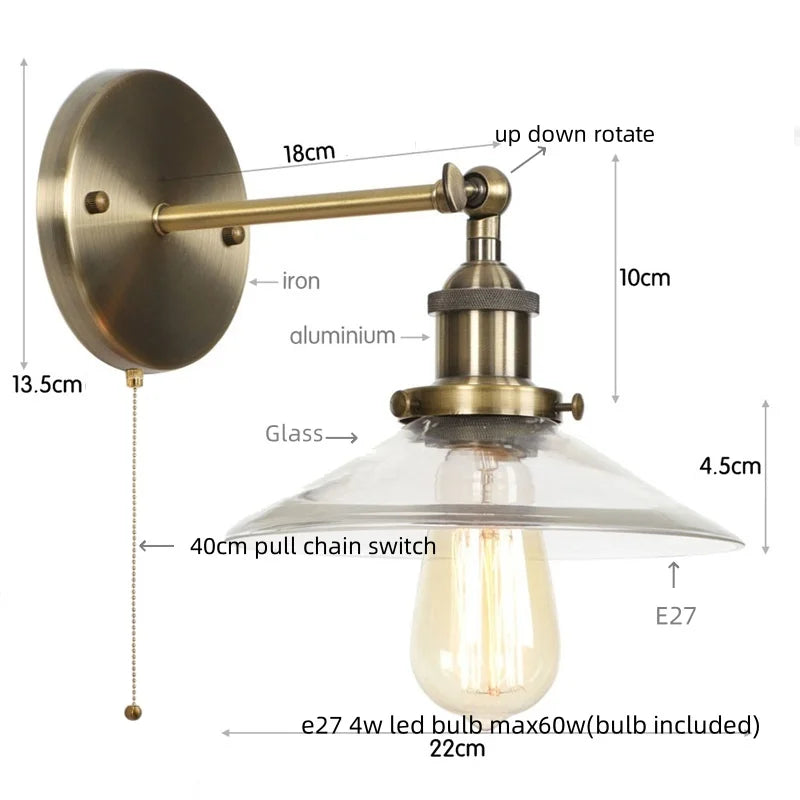 Vintage Industrial LED Wall Lamp with Clear Glass Shade