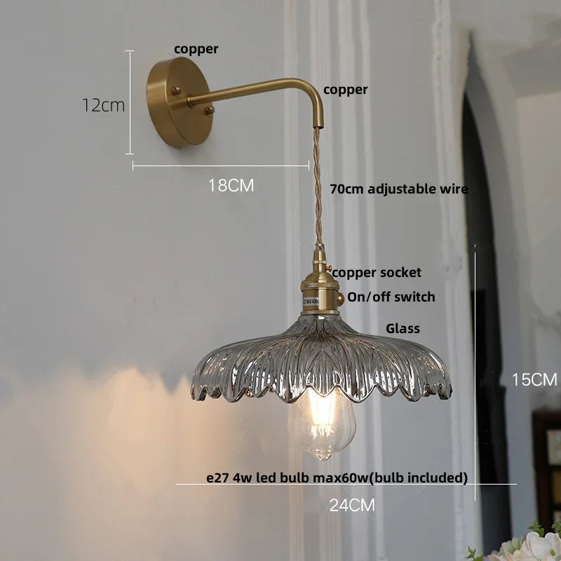 Amber Vintage LED Wall Light Glass Copper Pull Chain Switch Hallway Lamp
