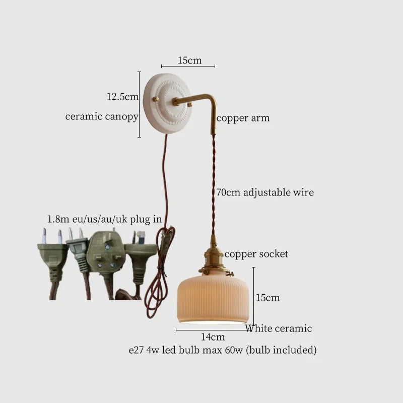 Afralia™ Ceramic Canopy LED Wall Lamp Copper Arm Modern Home Decor Applique Murale