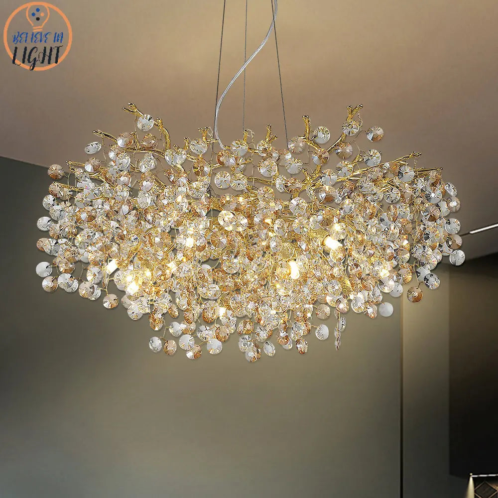 Sun Crystal Gold Lustre Chandelier: Nordic Villa Restaurant LED Ceiling Lamps