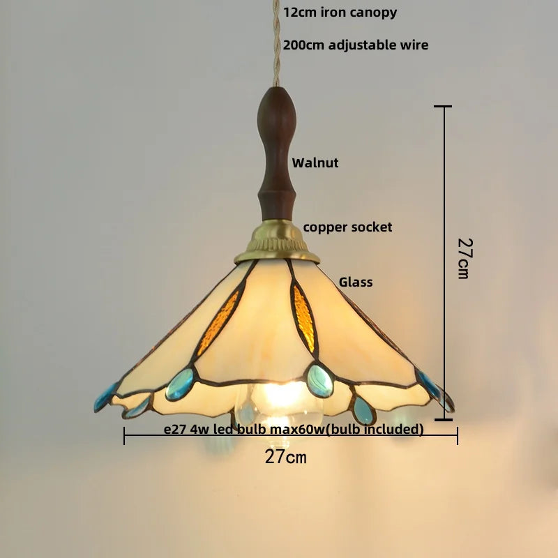 Walnut Wood LED Pendant Tiffany Glass Hanging Lamp - Vintage Dining Room Light