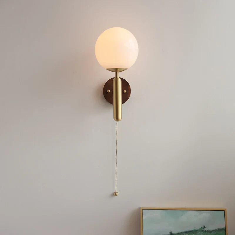White Glass LED Wall Sconce with Pull Chain Switch, Modern Copper Base Mirror Light