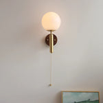 White Glass LED Wall Sconce with Pull Chain Switch, Modern Copper Base Mirror Light