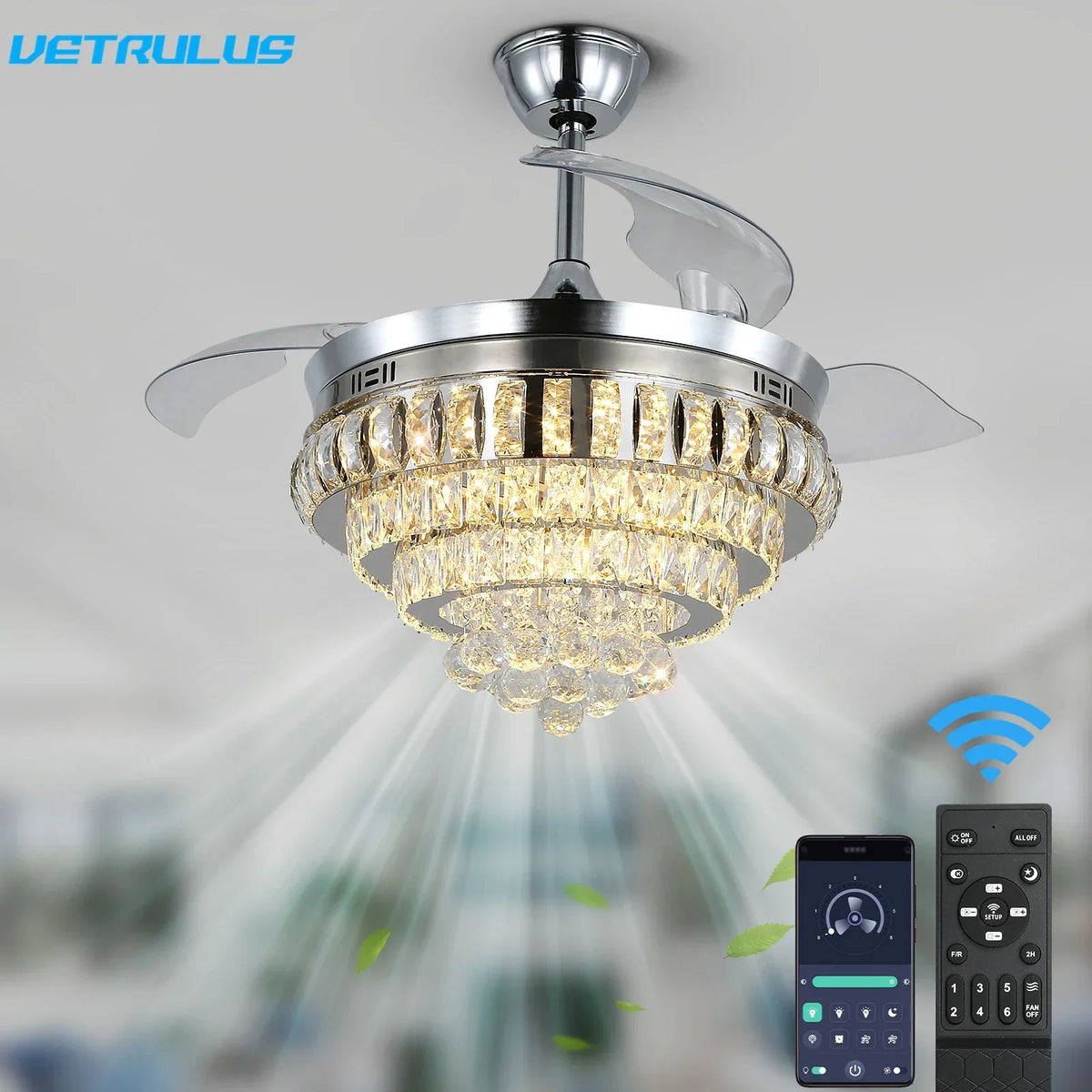 Crystal Ceiling Fan with LED Light and Remote Control