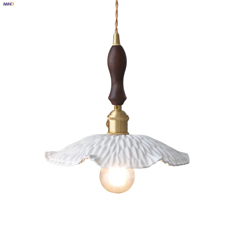 Walnut Wood LED Pendant Light with White Ceramic Knob Switch