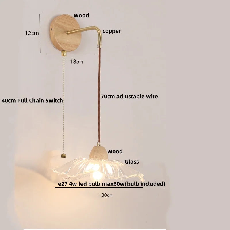 Clear Glass LED Wall Lights with Wood Pull Chain Switch, Modern Art Bedside Lamp