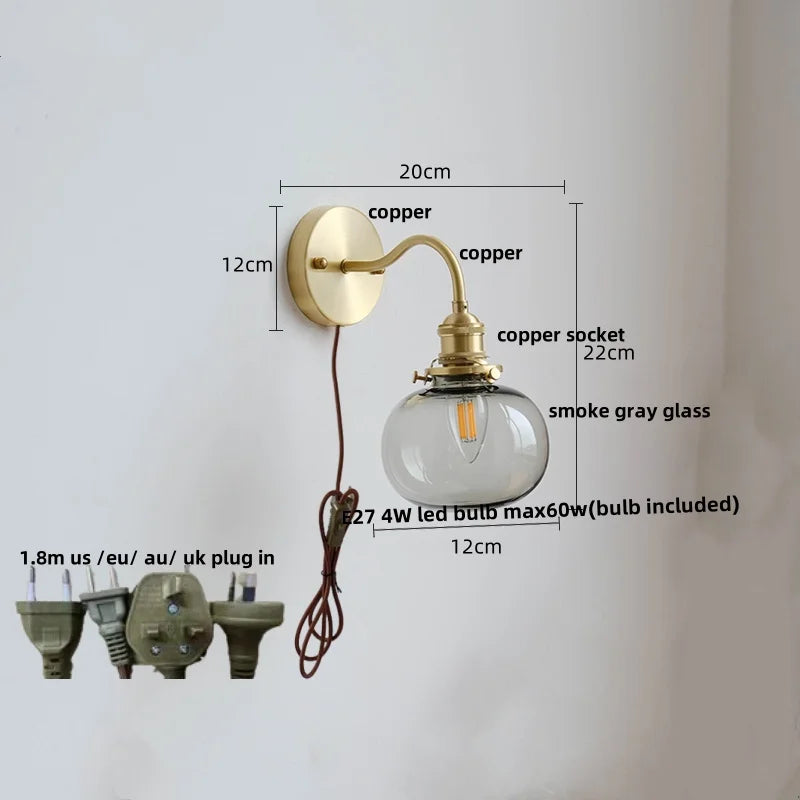Green Class Ball LED Wall Light Fixture, Copper Socket, Pull Chain Switch
