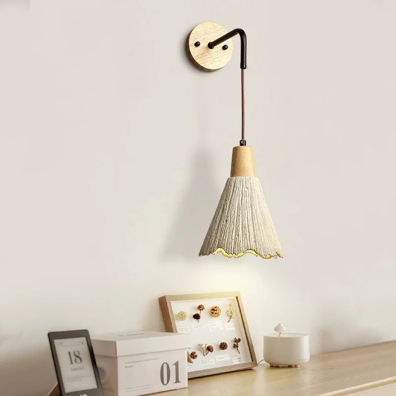 LED Wall Light Fixture Cement Wood Base Bedside Lamp