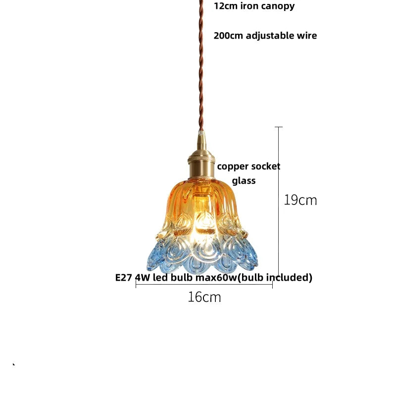Copper Socket LED Pendant Light with Phenix Glass Shade, Adjustable Hanging Lamp