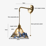LED Butterfly Glass Wall Lamp Sconce with Pull Chain Switch