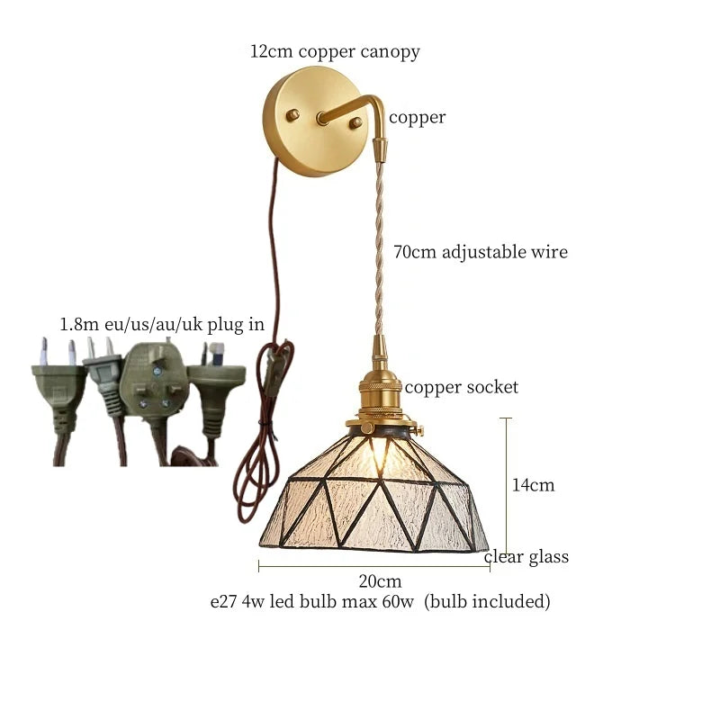 Tiffany Glass LED Wall Lamp Pull Chain Switch Vintage Copper Wall Lights
