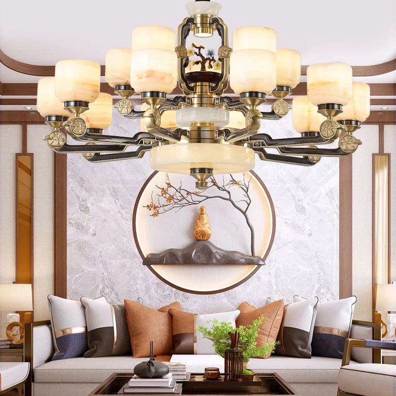 Copper Jade Duplex Chandelier: Chinese Villa Hall Lighting for Hotel Lobby & Living Room