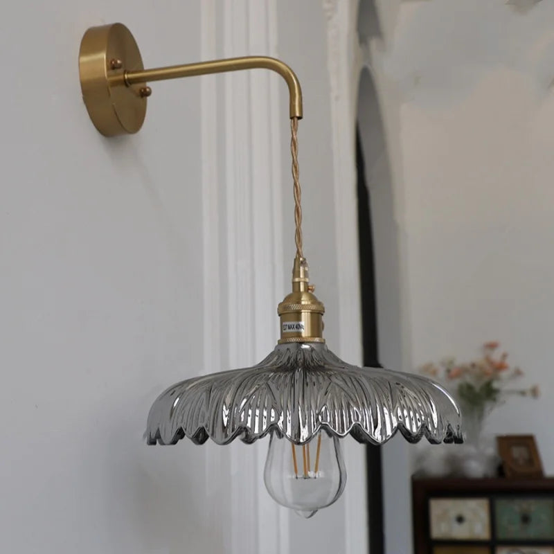 Amber Vintage LED Wall Light Glass Copper Pull Chain Switch Hallway Lamp