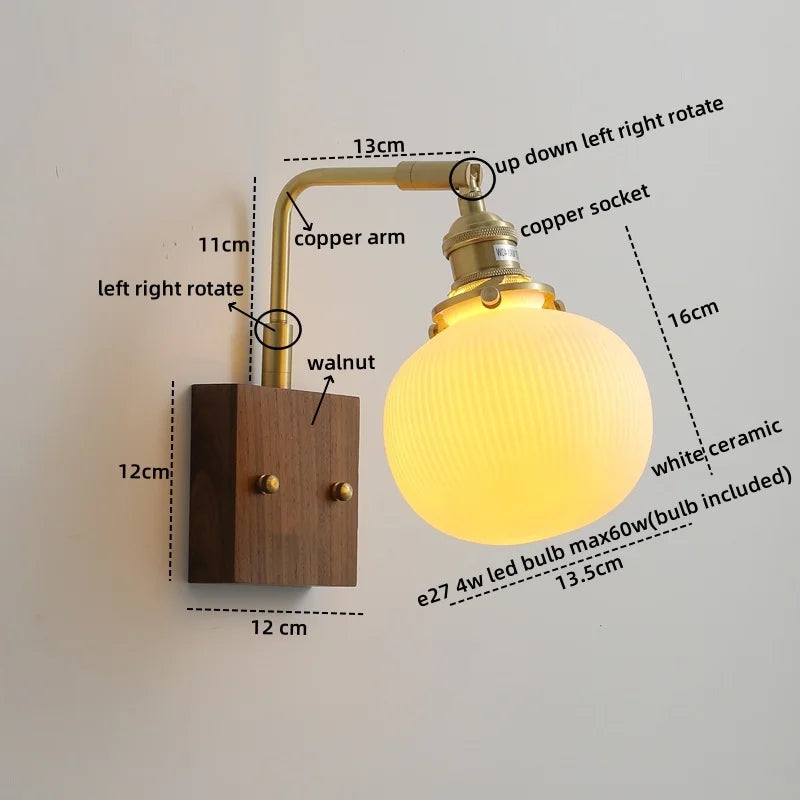 Walnut Ceramic LED Wall Lamp Pull Chain Switch - Modern Bathroom Mirror Light