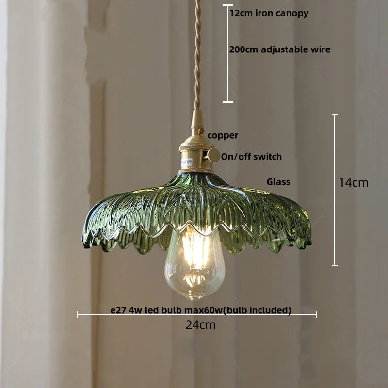 Amber Glass Walnut Wood LED Pendant Lamp with Copper Knob Switch