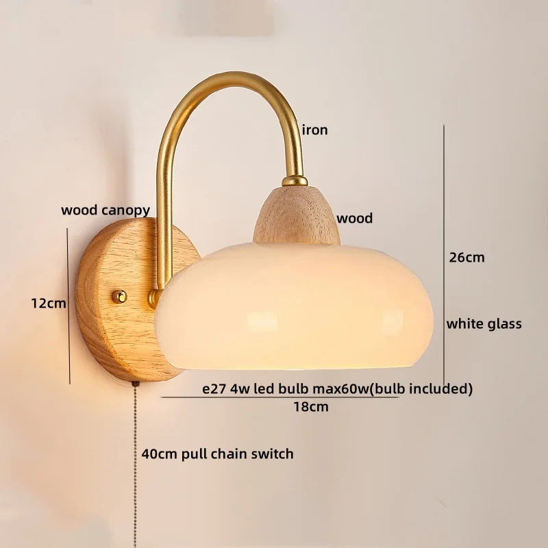 LED Glass Iron Wood Wall Light Fixture Modern Nordic Bedside Lamp