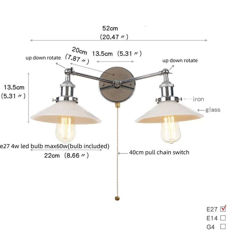 Retro LED Wall Light with Pull Chain Switch, 2 Heads Sconce for Living Room
