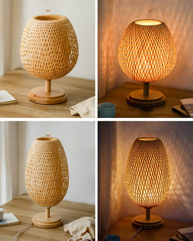 Handcrafted Bamboo Table Lamp with Wood Rattan Lampshade