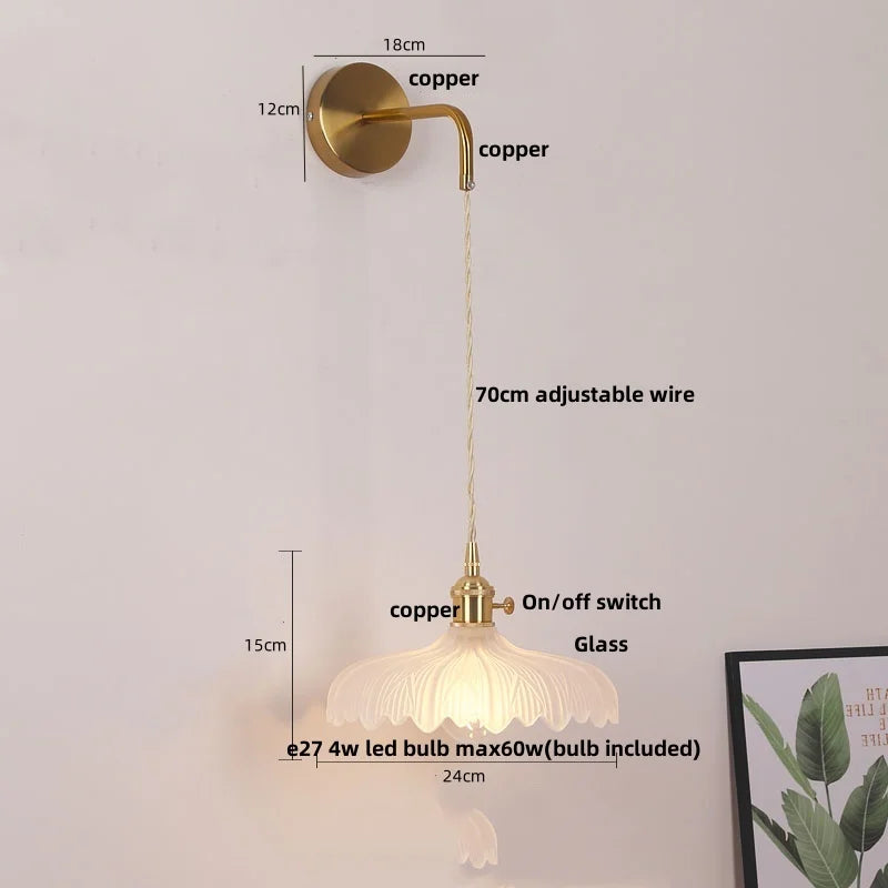 Copper LED Glass Wall Sconce with Pull Chain Switch for Living Dining Room
