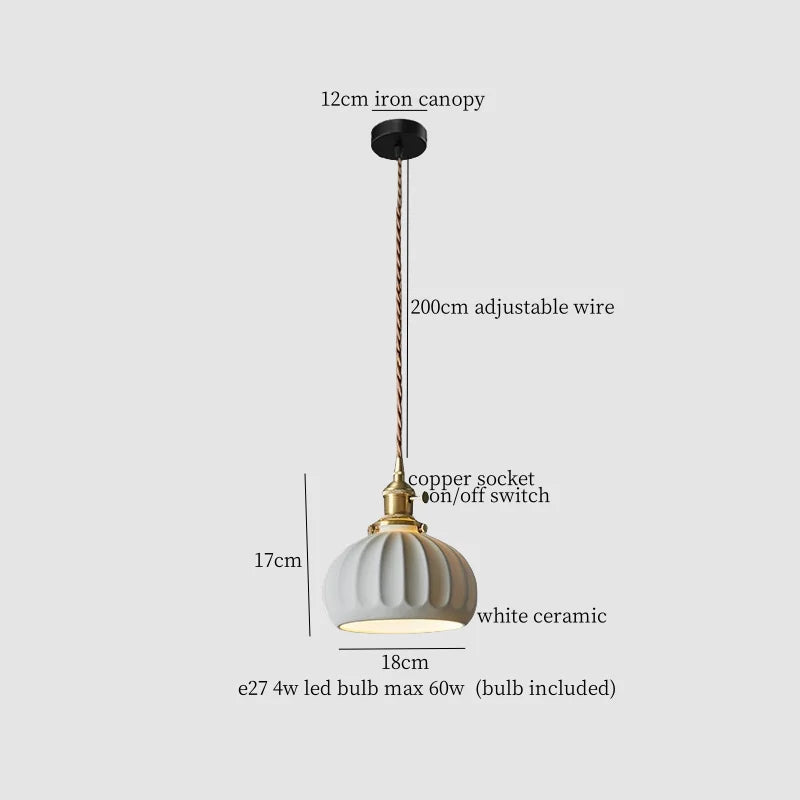 White Ceramic Brass LED Pendant Light - Vintage Japanese Hanglamp