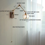 Ash Wood LED Swing Arm Wall Light with Pull Chain Switch & Blue Glass