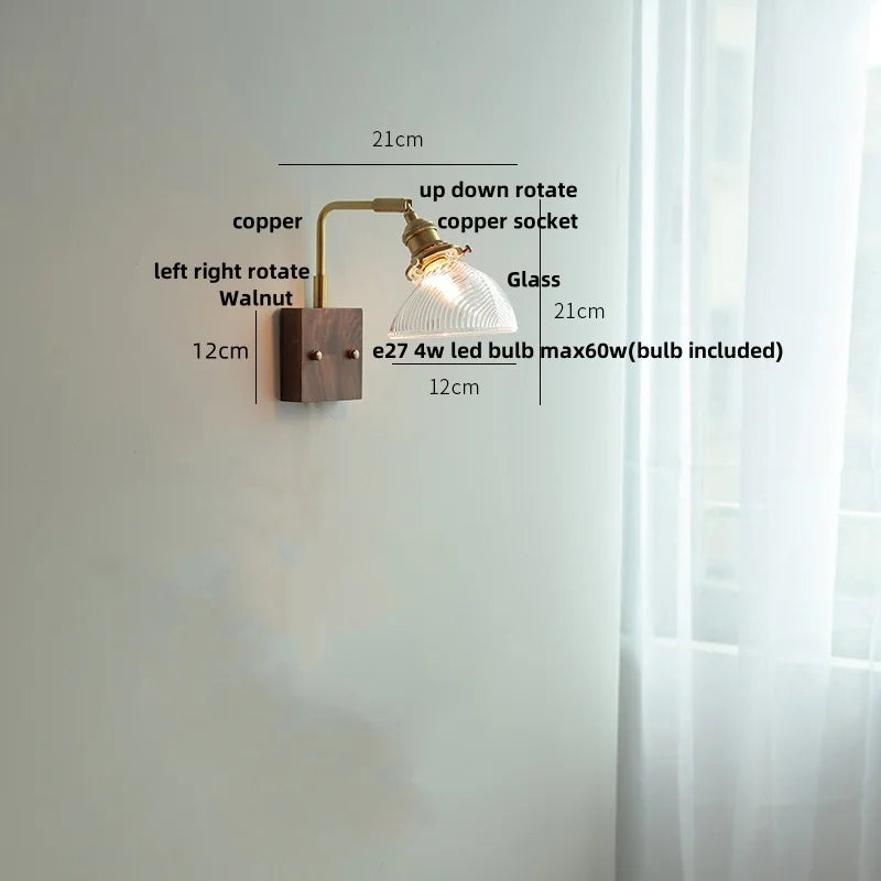 White Glass LED Wall Light Fixture Walnut Wood Brass Pull Chain Switch