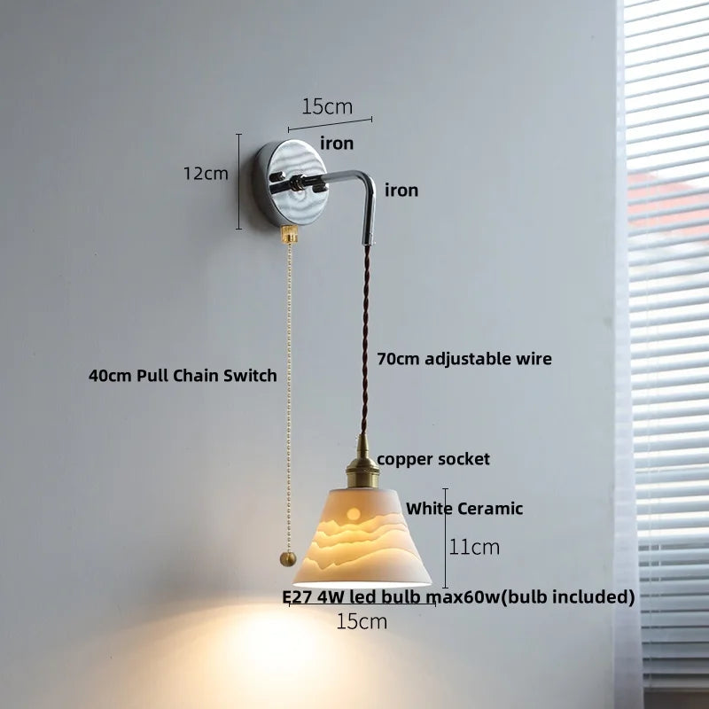 Ceramic LED Wall Sconce Pull Chain Switch Bedside Lamp White Nordic Modern Fixtures