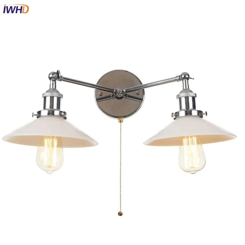 Glass 2-Light Wall Sconce with Pull Chain Switch for Bedroom and Bathroom