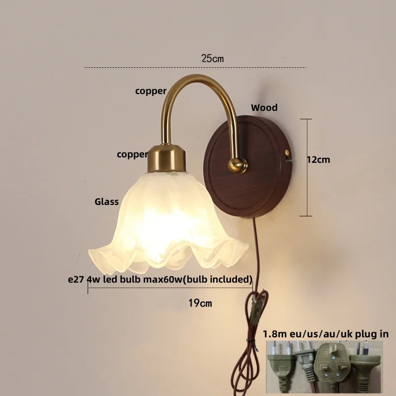 Afralia™ LED Wall Light Glass Fixture Pull Chain Switch Wood Bedside Sconce