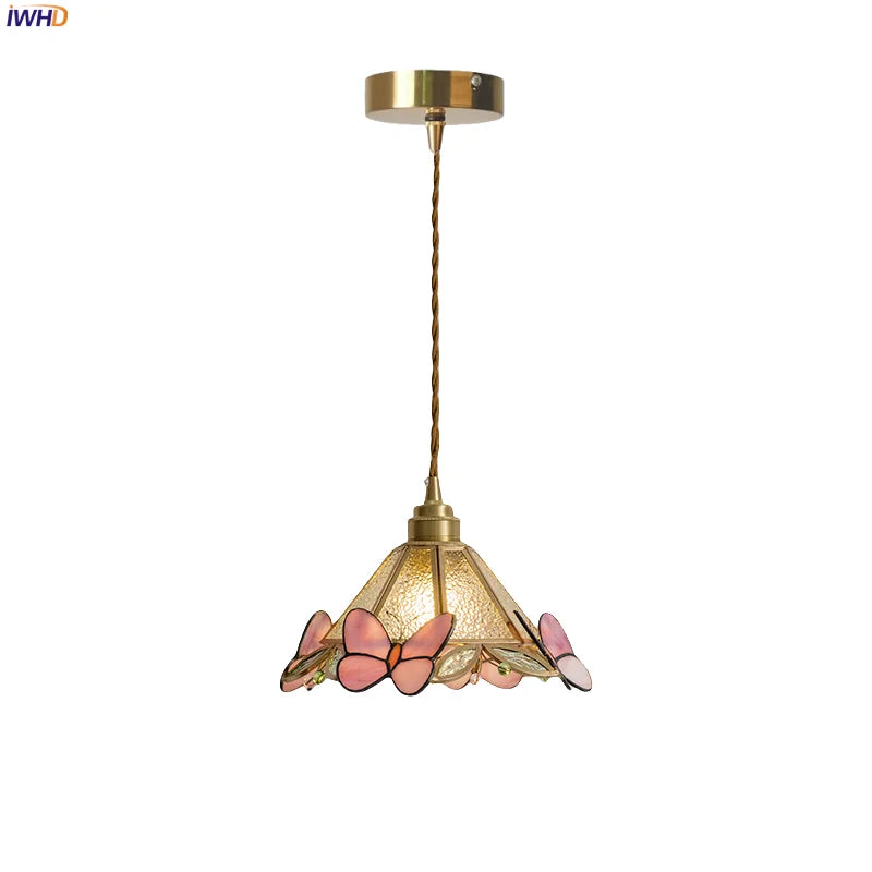 Tiffany Glass LED Pendant Light - Copper Vintage Hanging Lamp