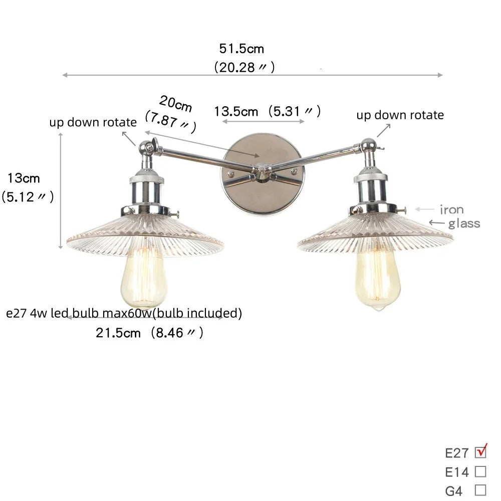 2 Head LED Wall Lamps Iron Glass Bedroom Stair Light Fixtures
