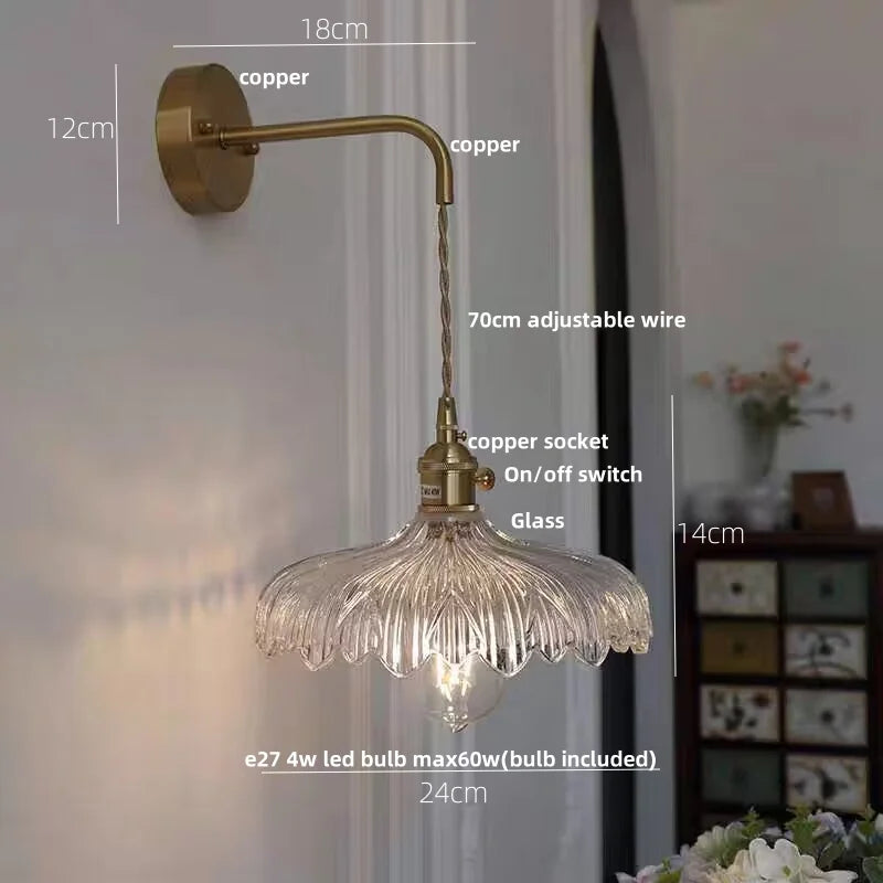 Amber Vintage LED Wall Light Glass Copper Pull Chain Switch Hallway Lamp