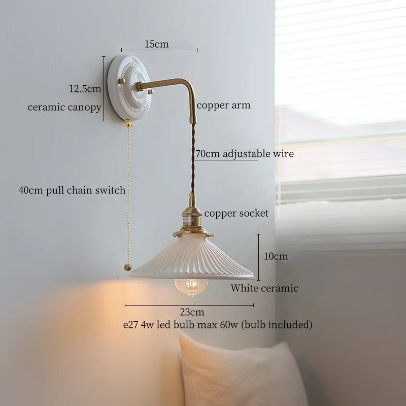 Afralia™ Copper Ceramic LED Wall Light with Pull Chain Switch for Living Room Decor.