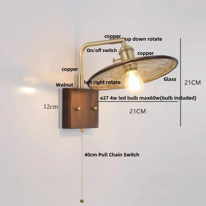 Wood LED Wall Light Up Down Rotate Copper Bedside Lamp