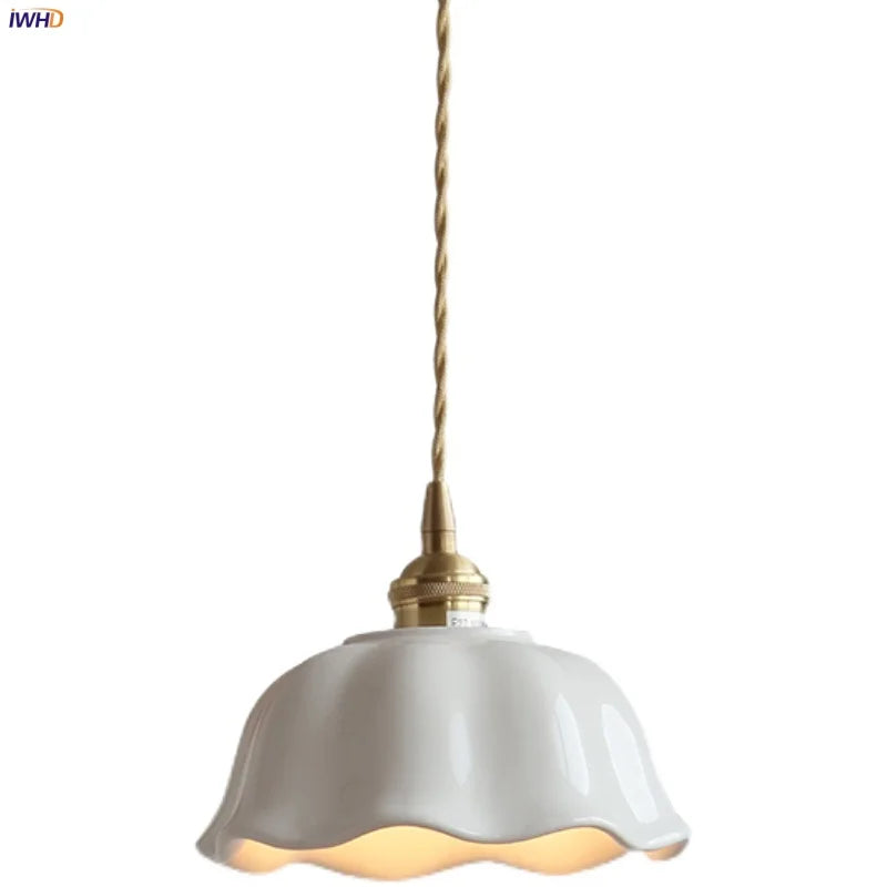 White Ceramic LED Pendant Lamp, Nordic Modern Hanging Light with Adjustable Copper Socket
