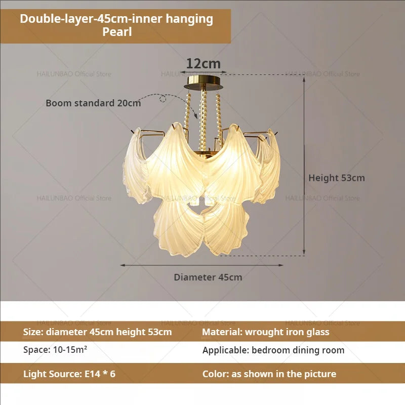 Pearl Crystal Chandelier for Dining Living Bedroom, Elegant French Shell Glass Light