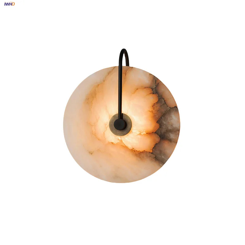 Nordic LED Wall Sconce Black Iron Round Marble Light Fixture