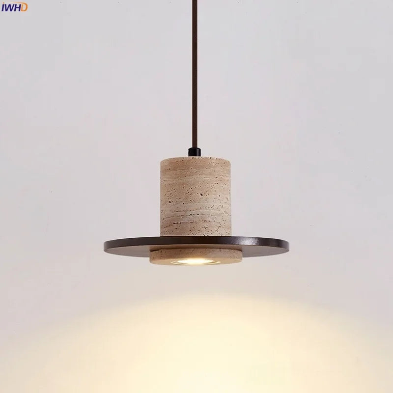 Stone Wood LED Pendant Lights Yellow Travertine Vintage Hanging Lamp