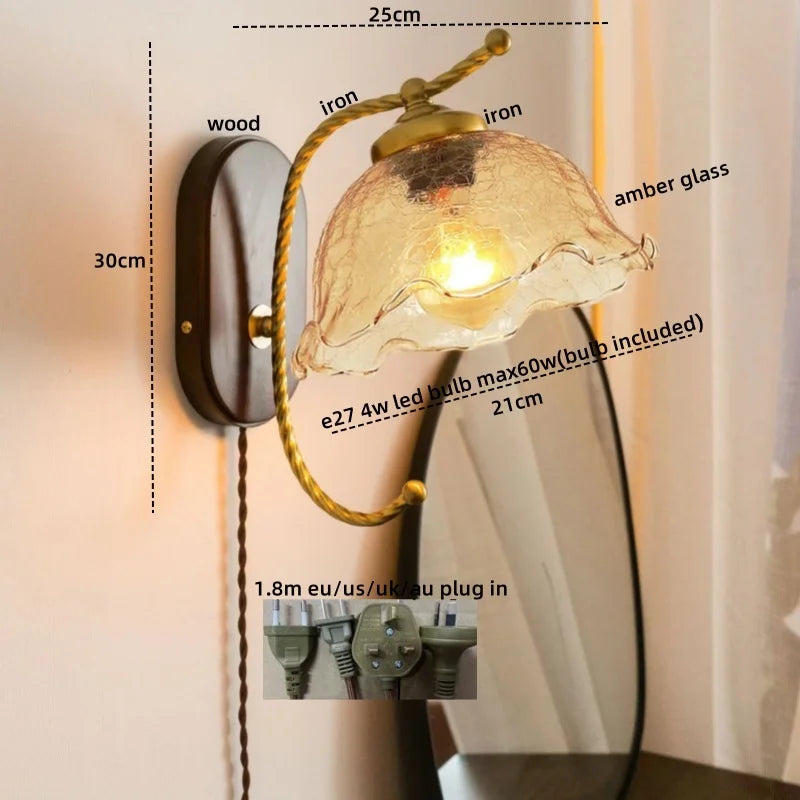 Iron Glass LED Wall Lights Modern Bedside Lamp 4w Bulb for Bathroom Bedroom Living Room