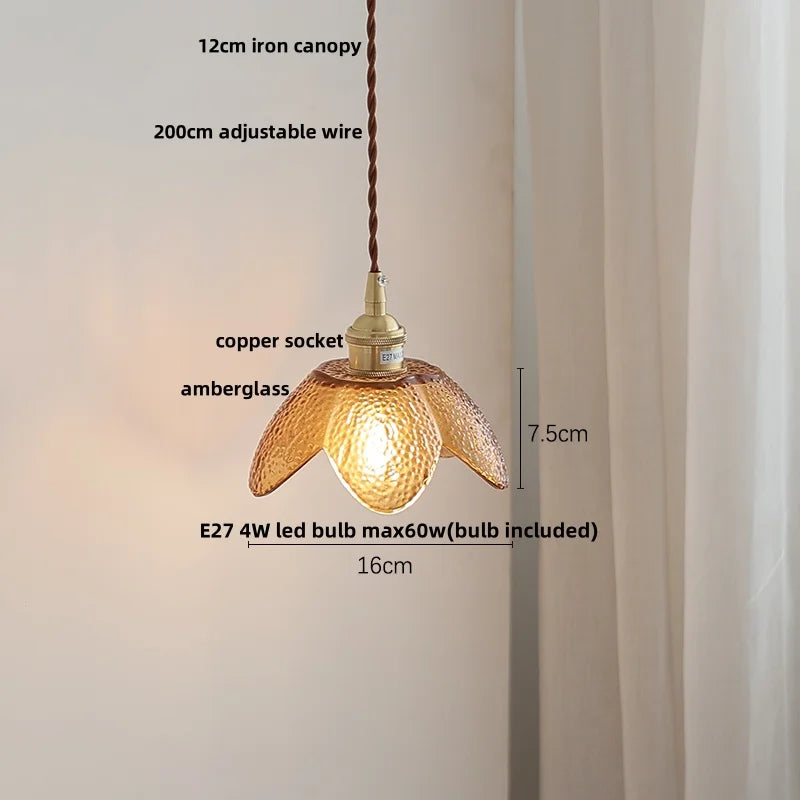 Amber Glass LED Pendant Light Fixture Nordic Modern Copper Hanging Lamp